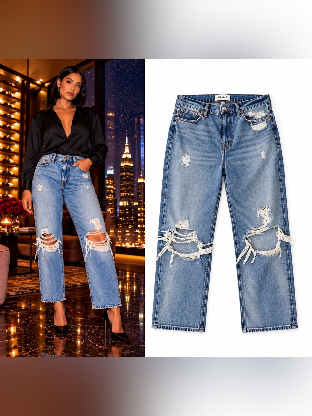 Frame Denim Light Blue Distressed Wide-Leg Jeans